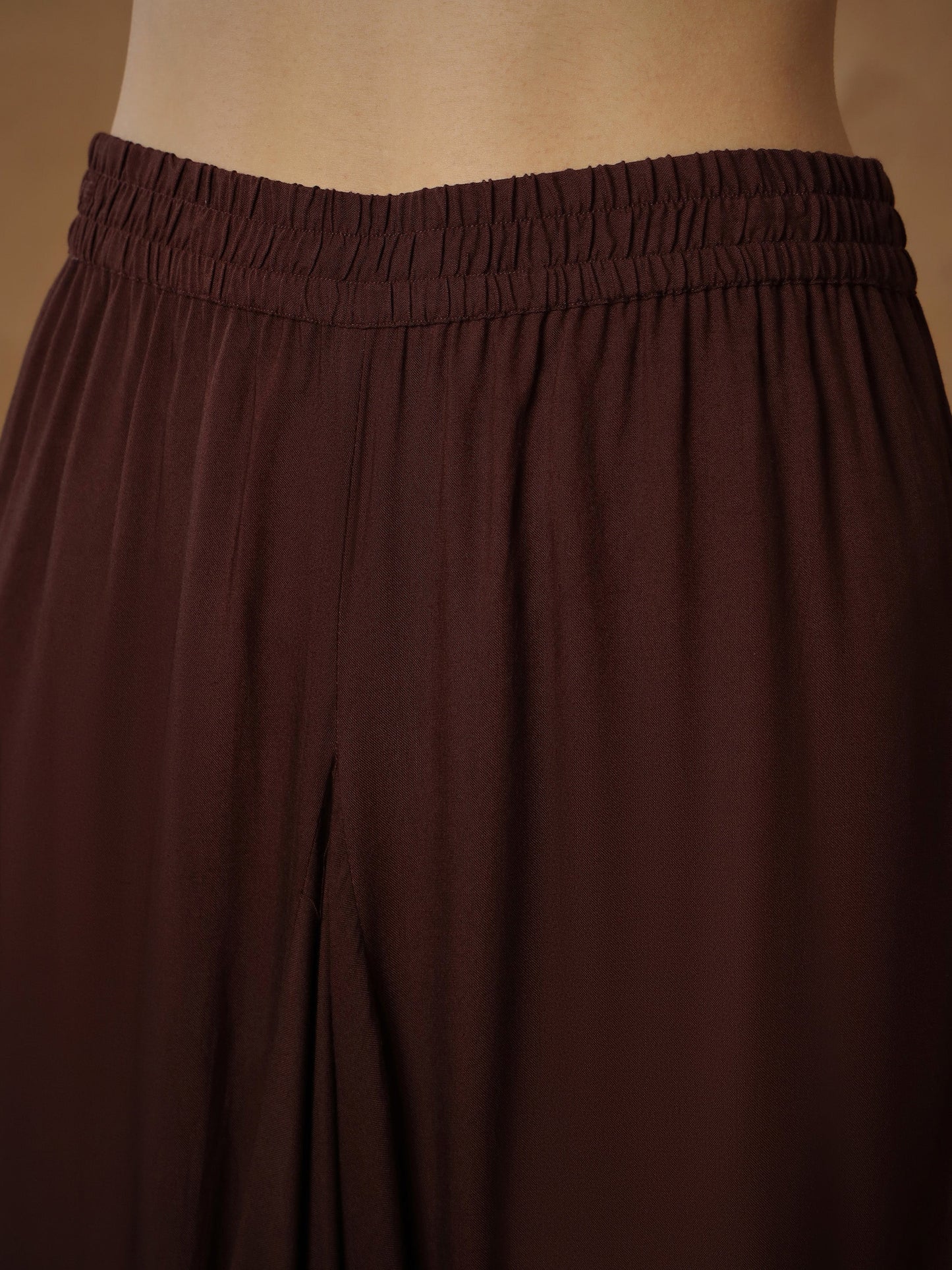 Women Brown Embroidered Short Kurta With Dhoti Skirt
