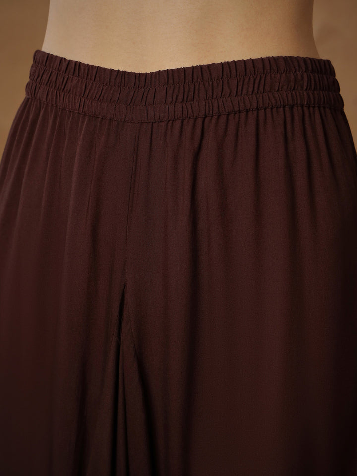 Women Brown Embroidered Short Kurta With Dhoti Skirt