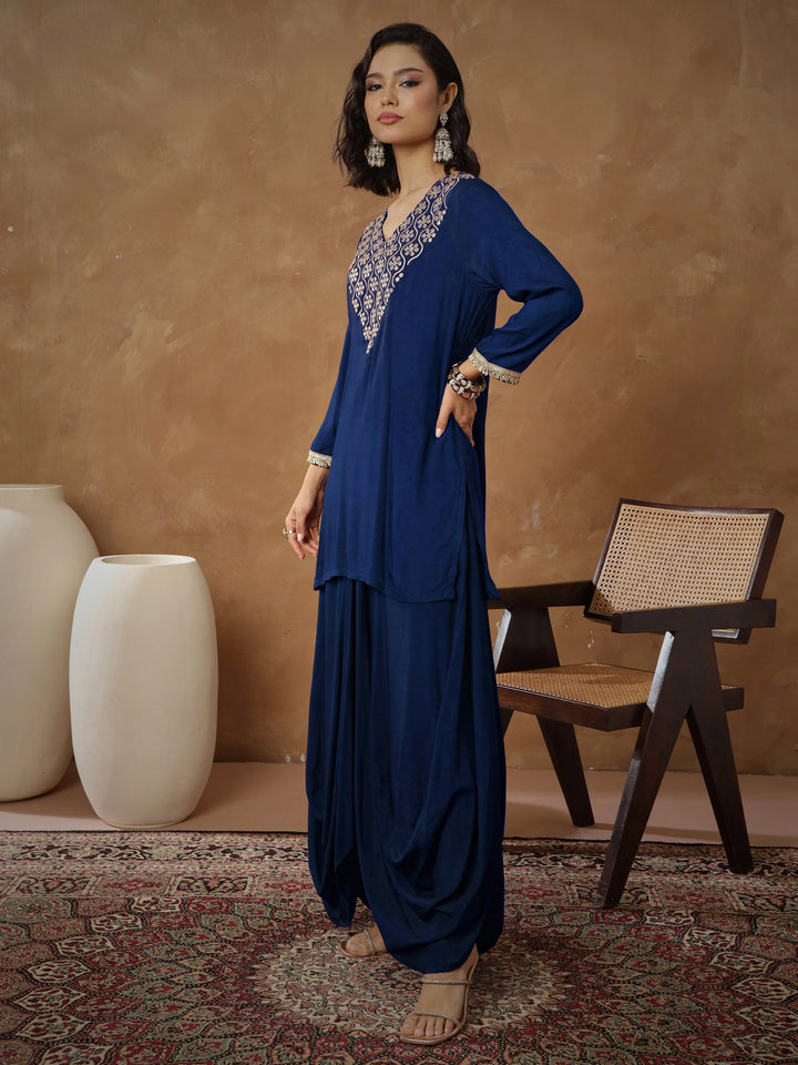 Women Navy Embroidered Short Kurta With Dhoti Skirt