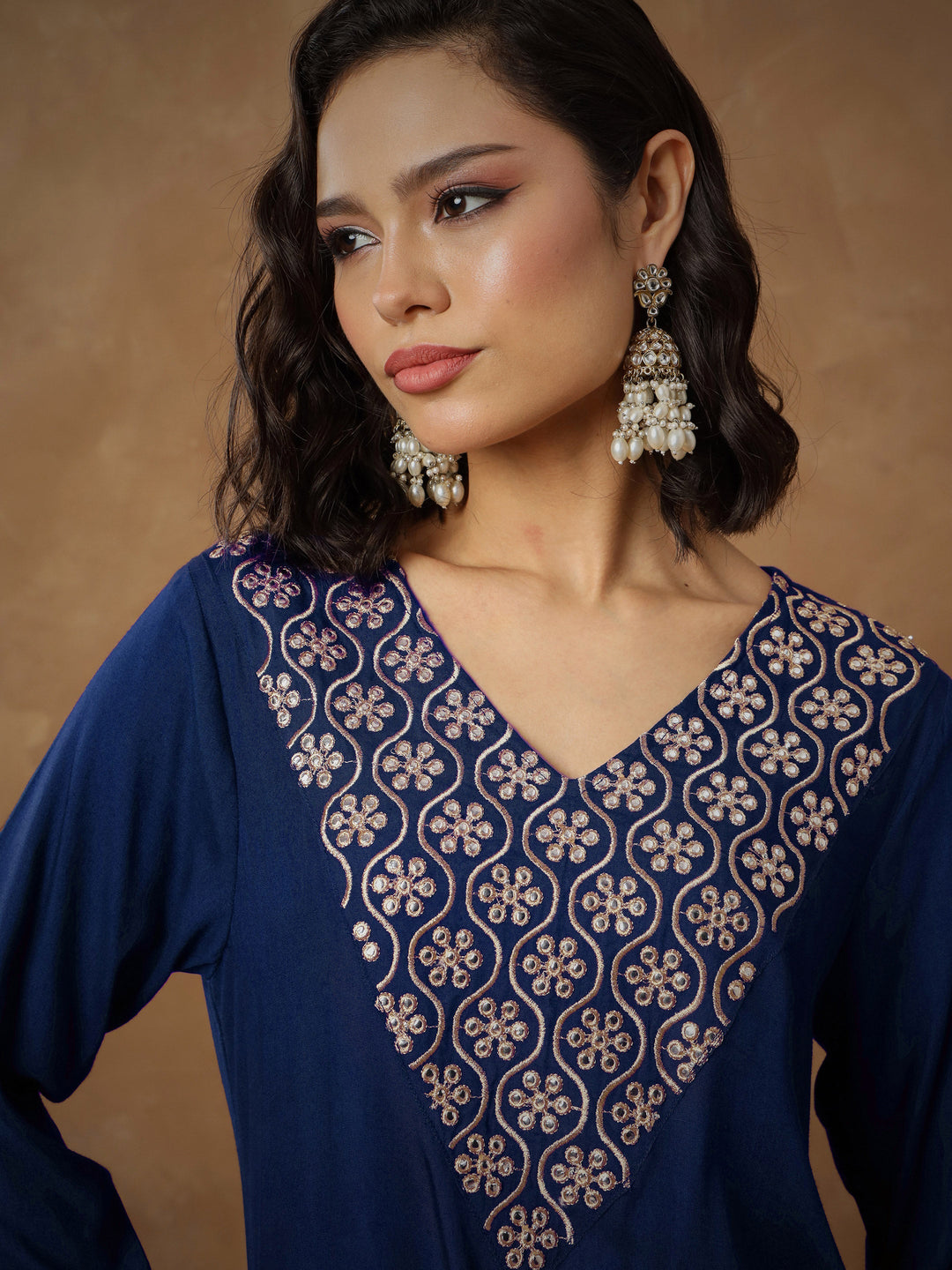 Women Navy Embroidered Short Kurta With Dhoti Skirt