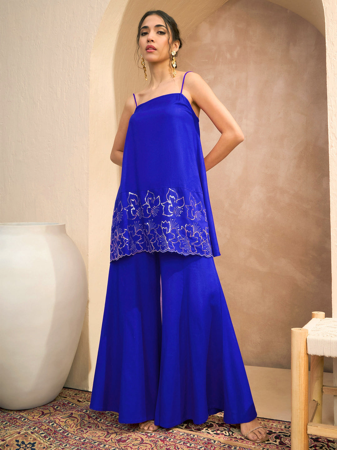 Women's Women Navy Embroidered Strappy Kurta With Palazzos in Rayon by Shae for wholesale, bulk, supplier, manufacturer and wholesaler buyers from Trendphoria