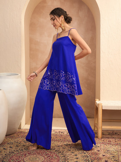 Women Navy Embroidered Strappy Kurta With Palazzos