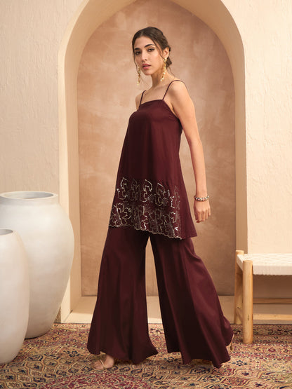 Women Brown Embroidered Strappy Kurta With Palazzos