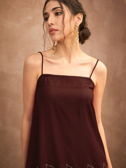 Women Brown Embroidered Strappy Kurta With Palazzos