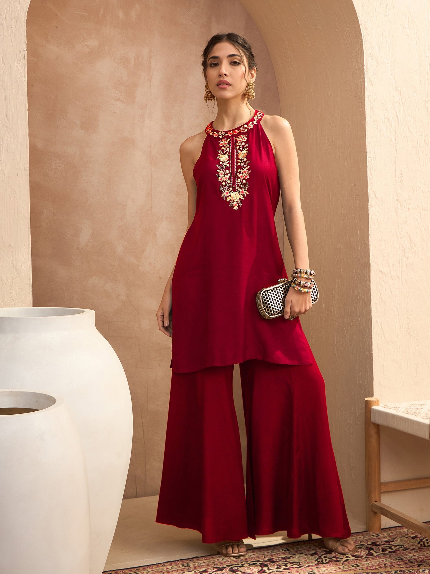 Red Embroidered Halter Kurta With Palazzos