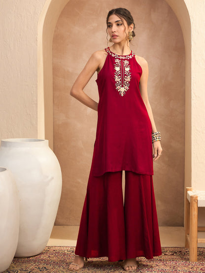 Red Embroidered Halter Kurta With Palazzos