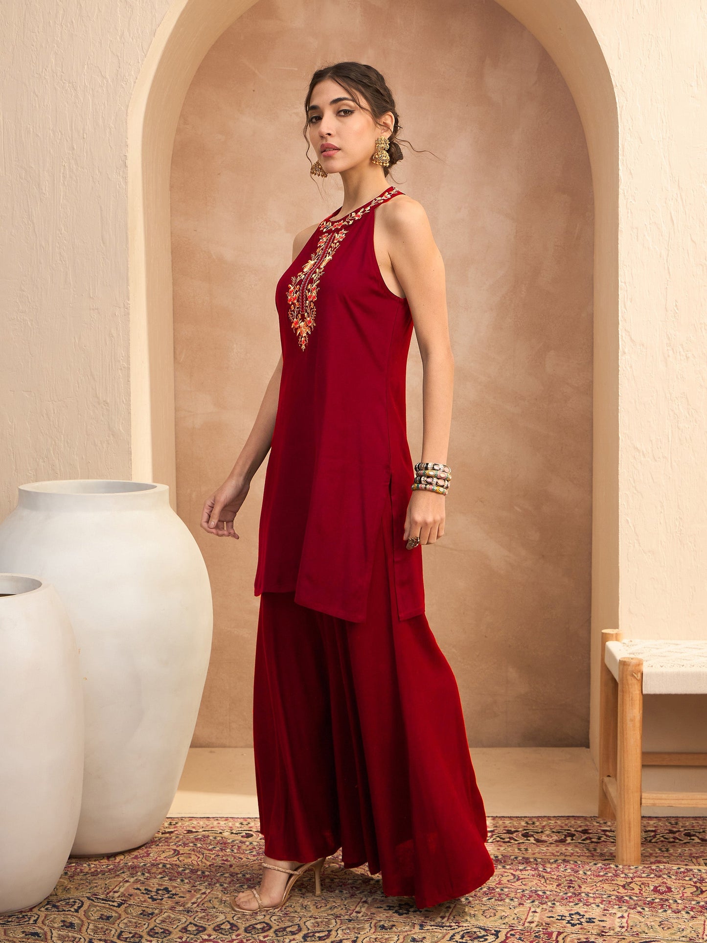 Red Embroidered Halter Kurta With Palazzos