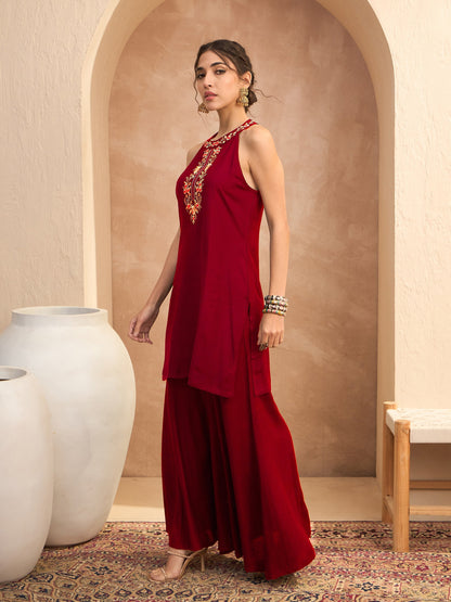 Red Embroidered Halter Kurta With Palazzos