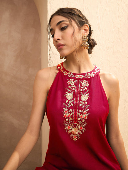 Red Embroidered Halter Kurta With Palazzos