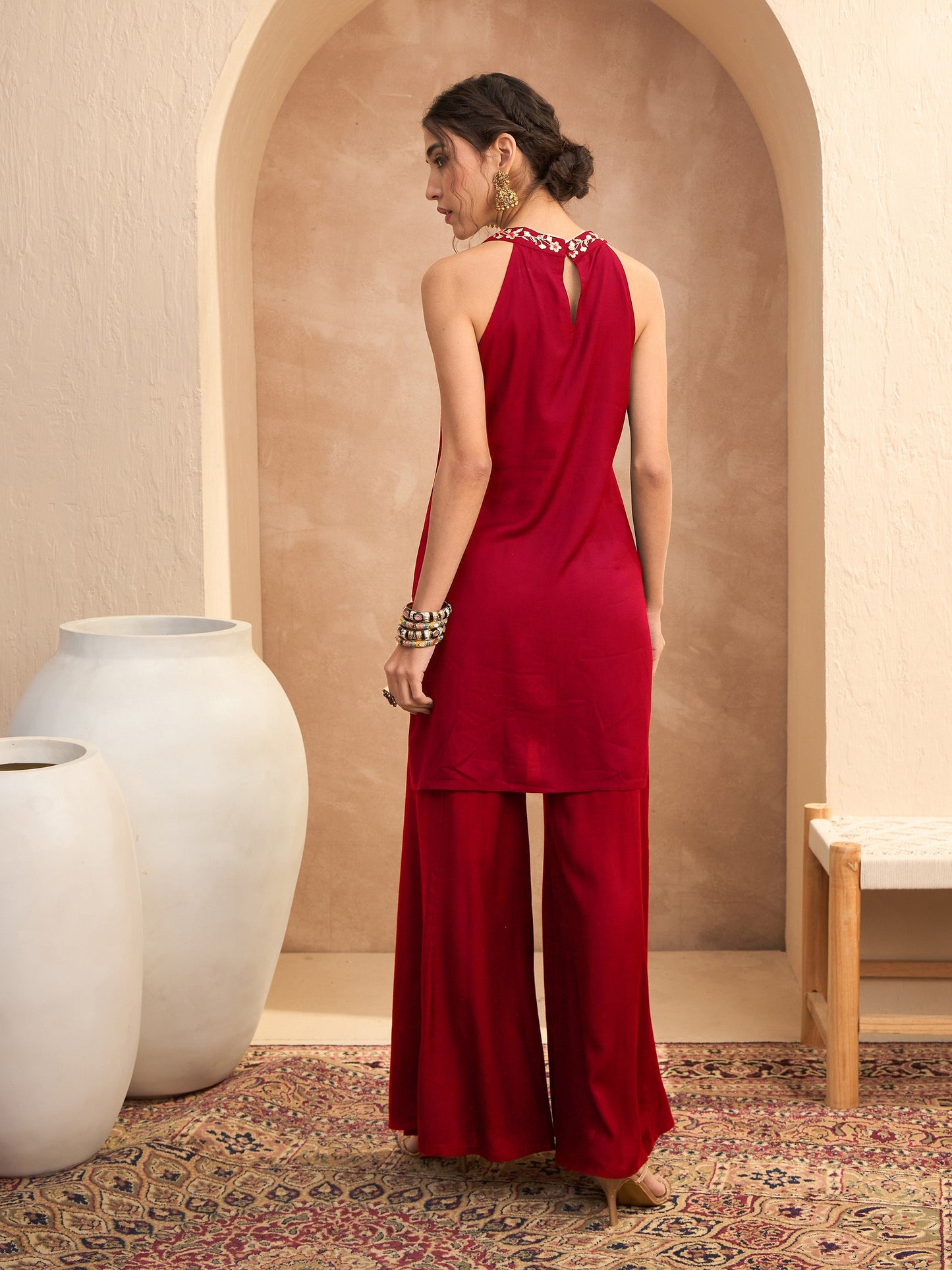 Red Embroidered Halter Kurta With Palazzos