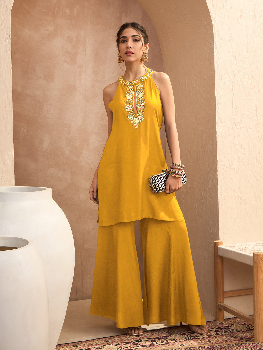Women's Women Mustard Embroidered Halter Kurta With Palazzos in Rayon by Shae for wholesale, bulk, supplier, manufacturer and wholesaler buyers from Trendphoria