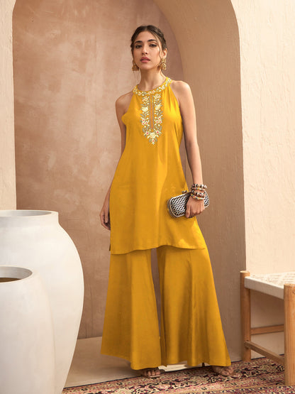 Women Mustard Embroidered Halter Kurta With Palazzos