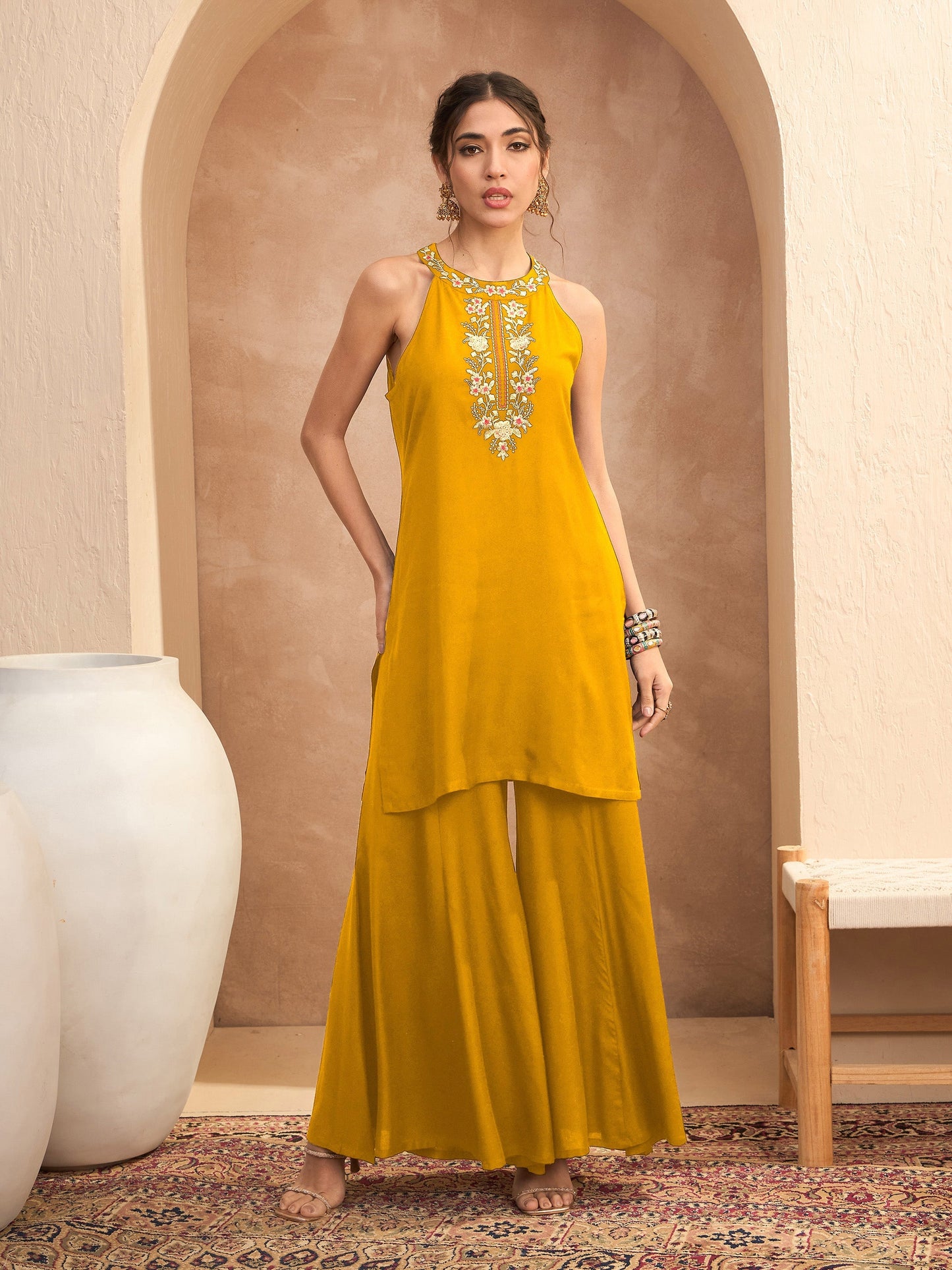 Women Mustard Embroidered Halter Kurta With Palazzos