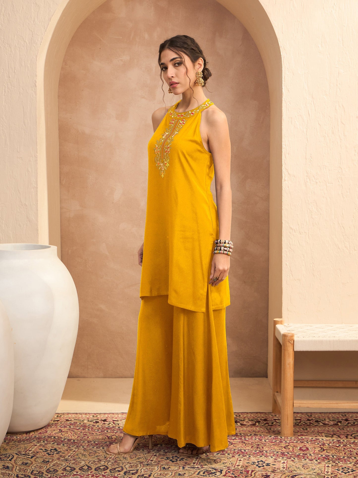 Women Mustard Embroidered Halter Kurta With Palazzos