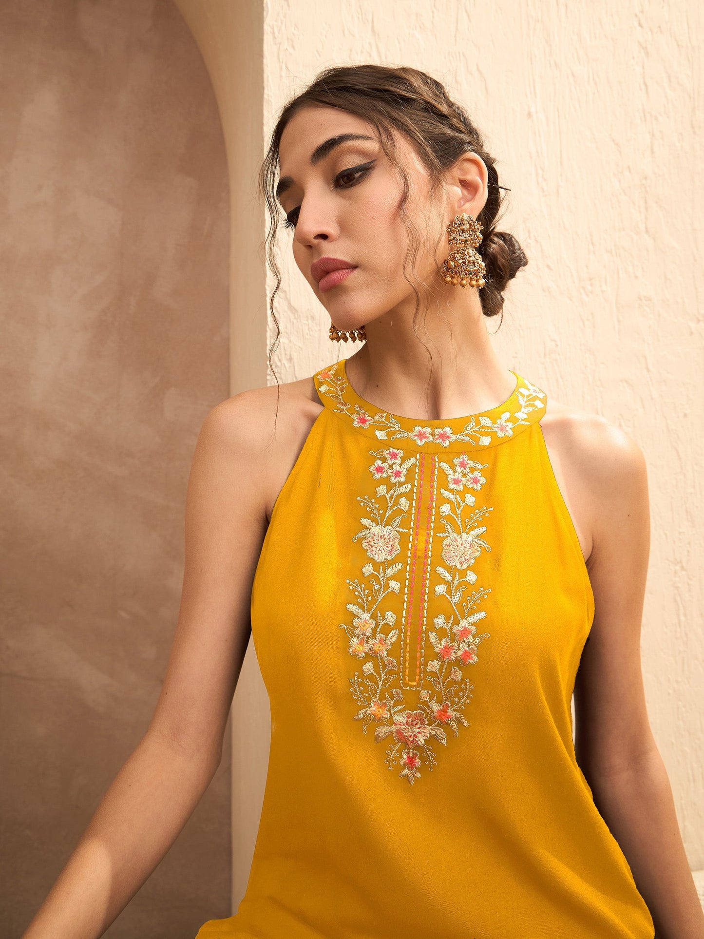 Women Mustard Embroidered Halter Kurta With Palazzos