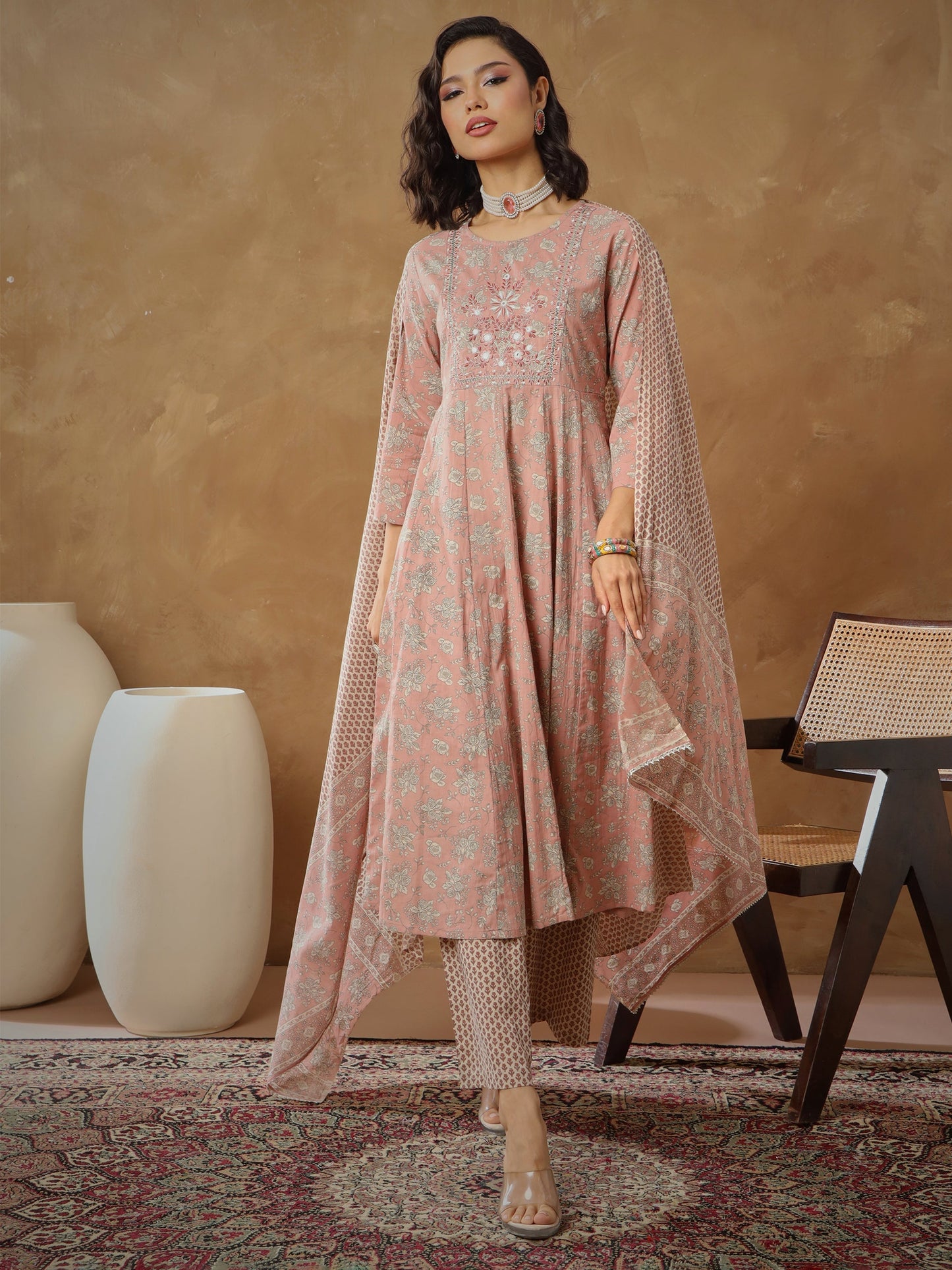 Peach Floral Anarkali Kurta With Pants & Dupatta