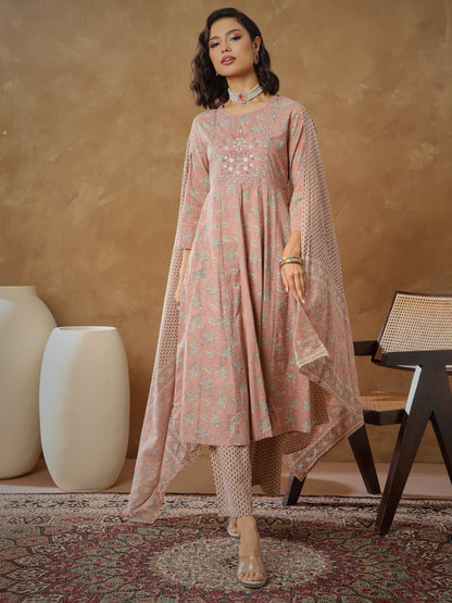Peach Floral Anarkali Kurta With Pants & Dupatta