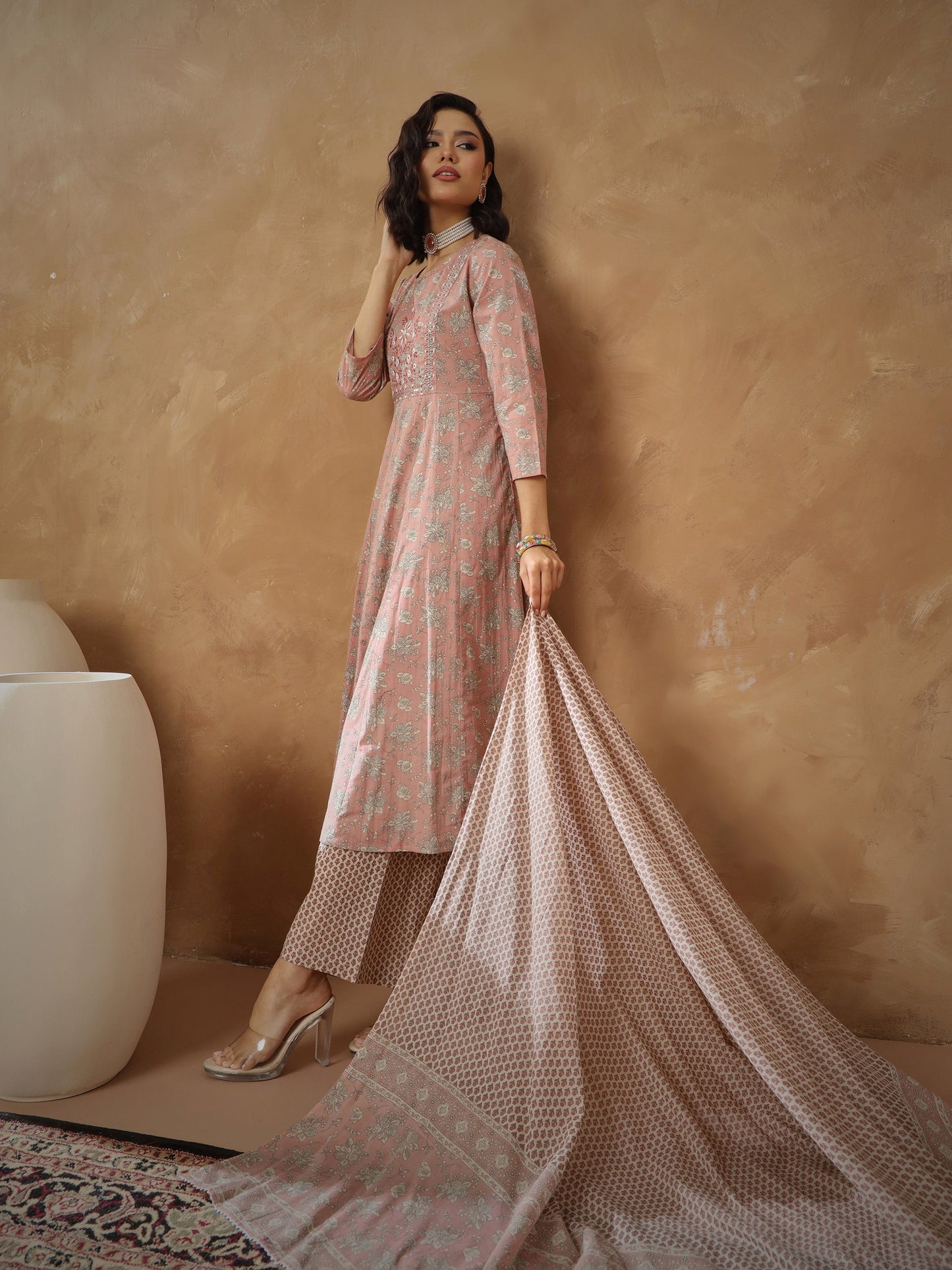 Peach Floral Anarkali Kurta With Pants & Dupatta