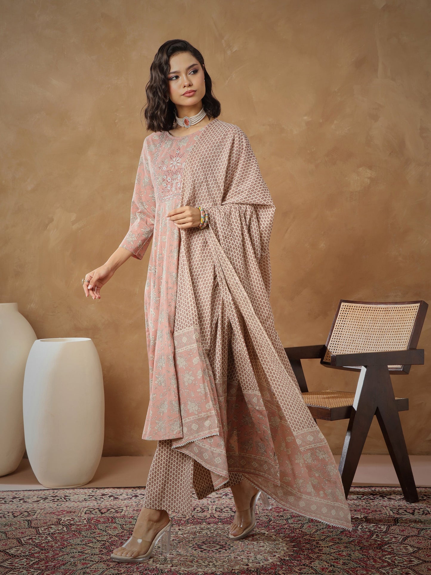 Peach Floral Anarkali Kurta With Pants & Dupatta