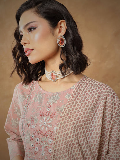 Peach Floral Anarkali Kurta With Pants & Dupatta