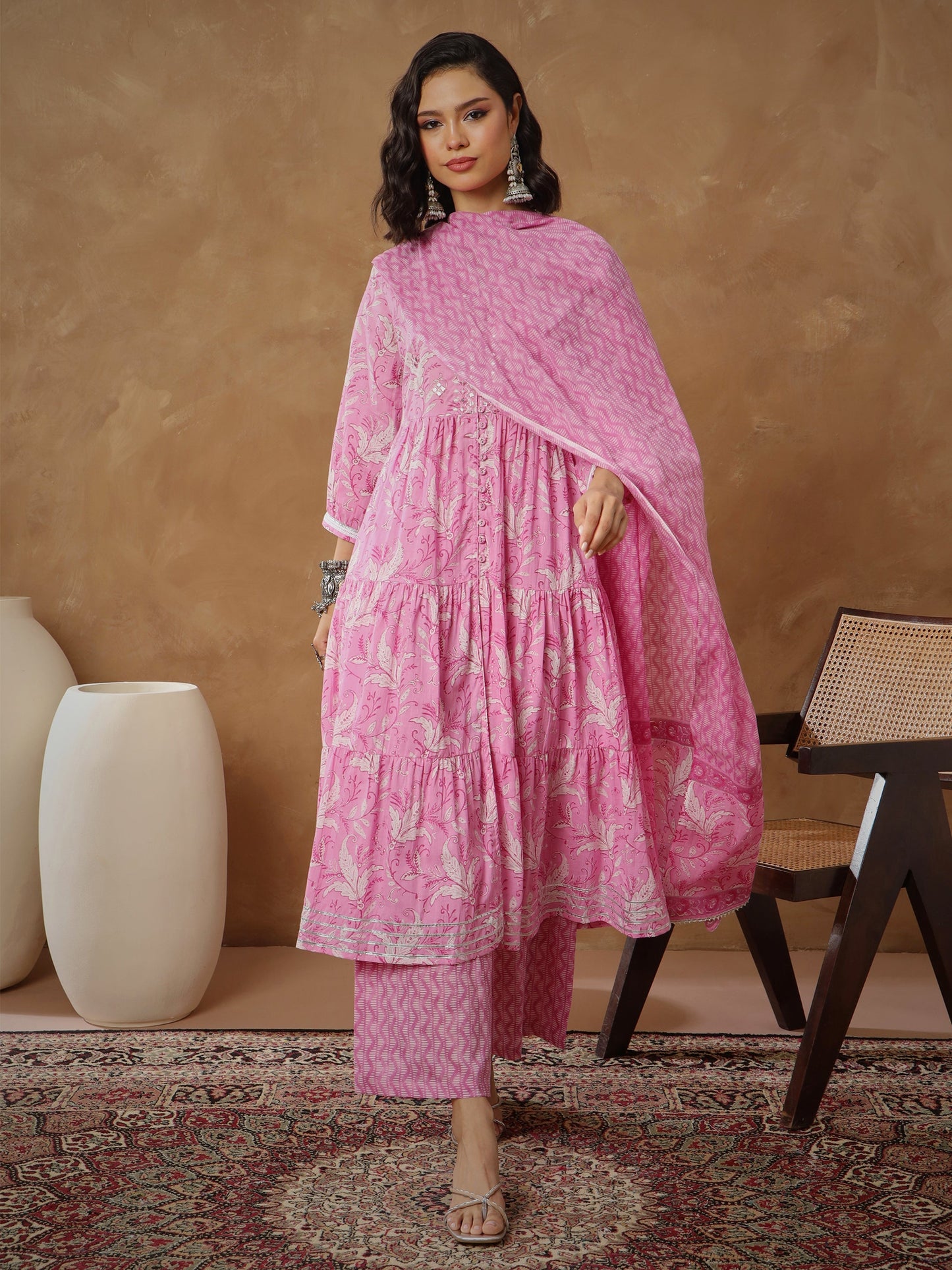 Pink Floral Tiered Anarkali Kurta With Pants & Dupatta