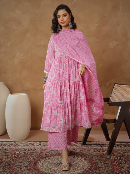 Pink Floral Tiered Anarkali Kurta With Pants & Dupatta