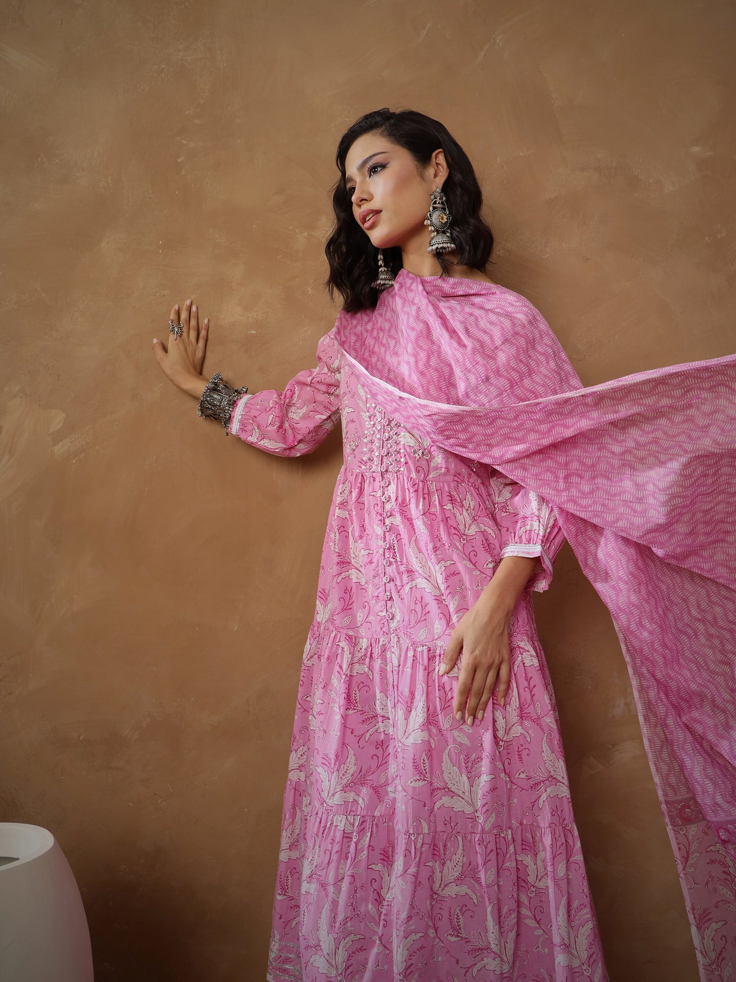 Pink Floral Tiered Anarkali Kurta With Pants & Dupatta