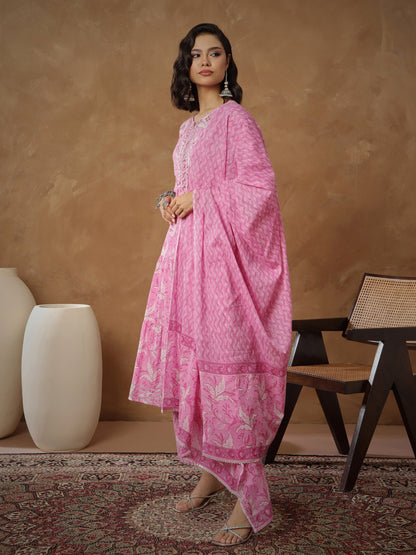 Pink Floral Tiered Anarkali Kurta With Pants & Dupatta