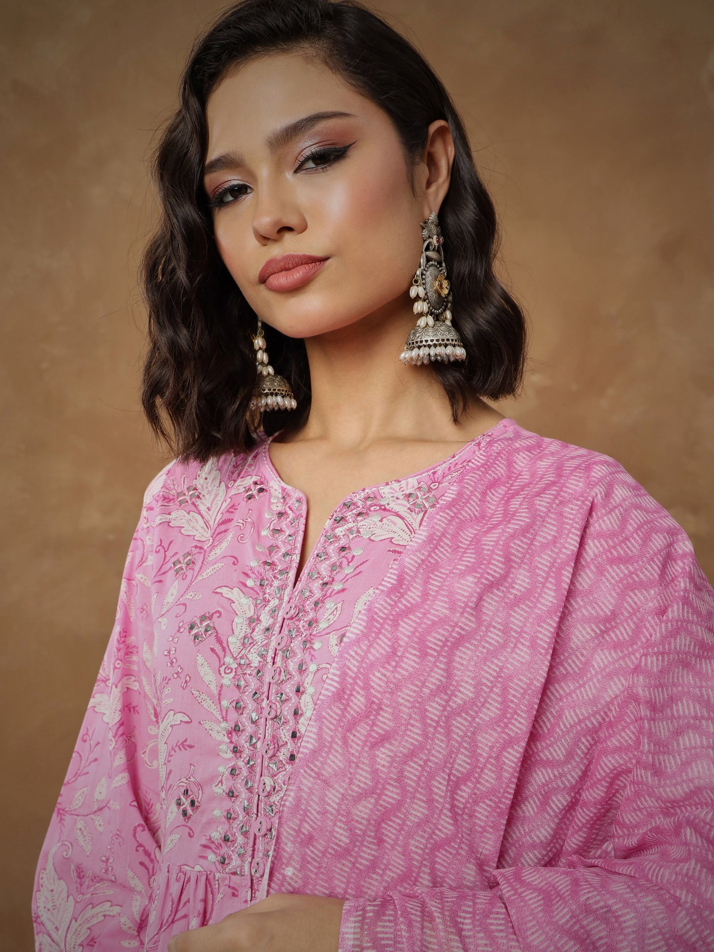 Pink Floral Tiered Anarkali Kurta With Pants & Dupatta