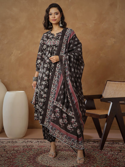 Black Floral Anarkali Kurta With Afghani Pants & Dupatta