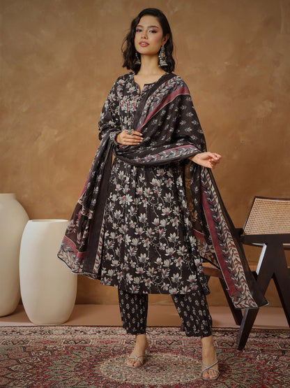 Black Floral Anarkali Kurta With Afghani Pants & Dupatta