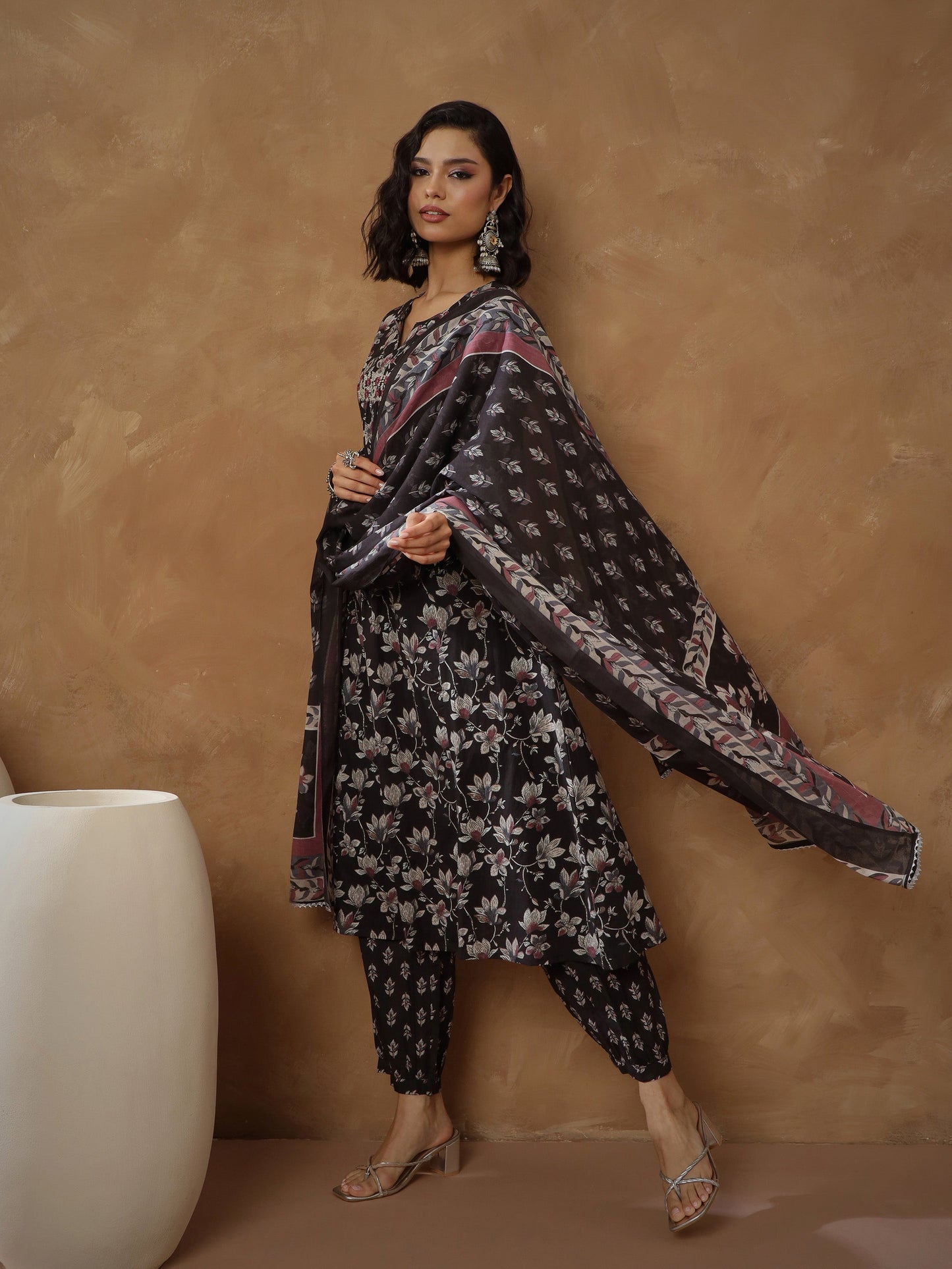 Black Floral Anarkali Kurta With Afghani Pants & Dupatta