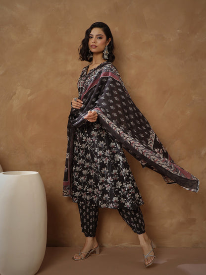 Black Floral Anarkali Kurta With Afghani Pants & Dupatta