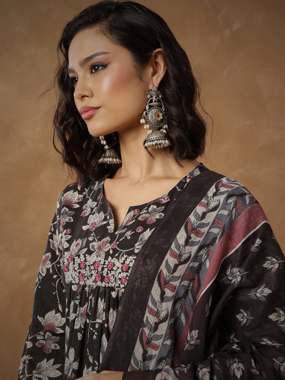 Black Floral Anarkali Kurta With Afghani Pants & Dupatta