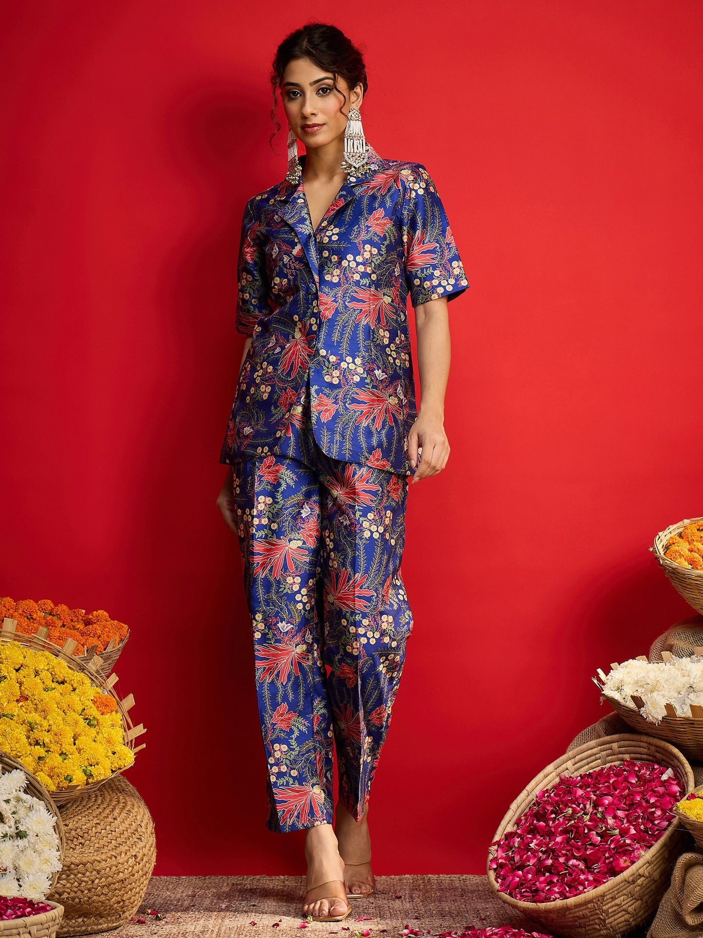 Navy Floral Blazer With Tapered Pants