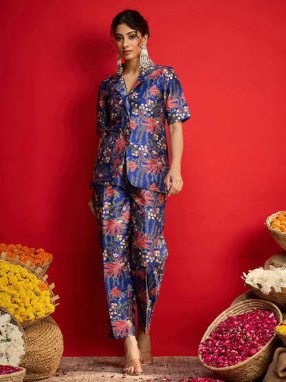 Navy Floral Blazer With Tapered Pants