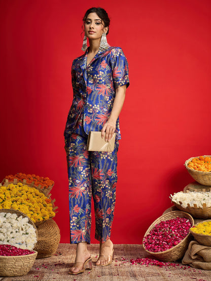 Navy Floral Blazer With Tapered Pants