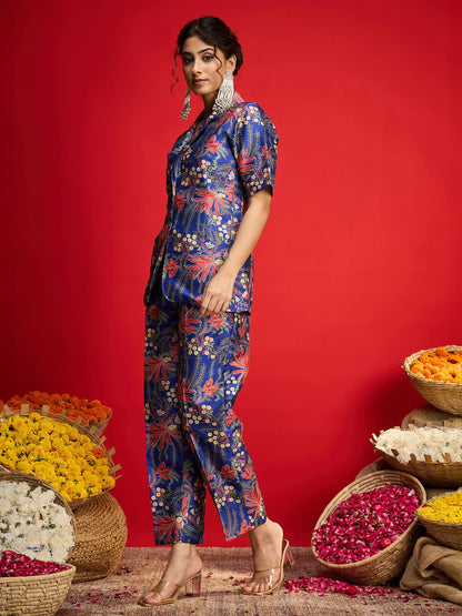 Navy Floral Blazer With Tapered Pants