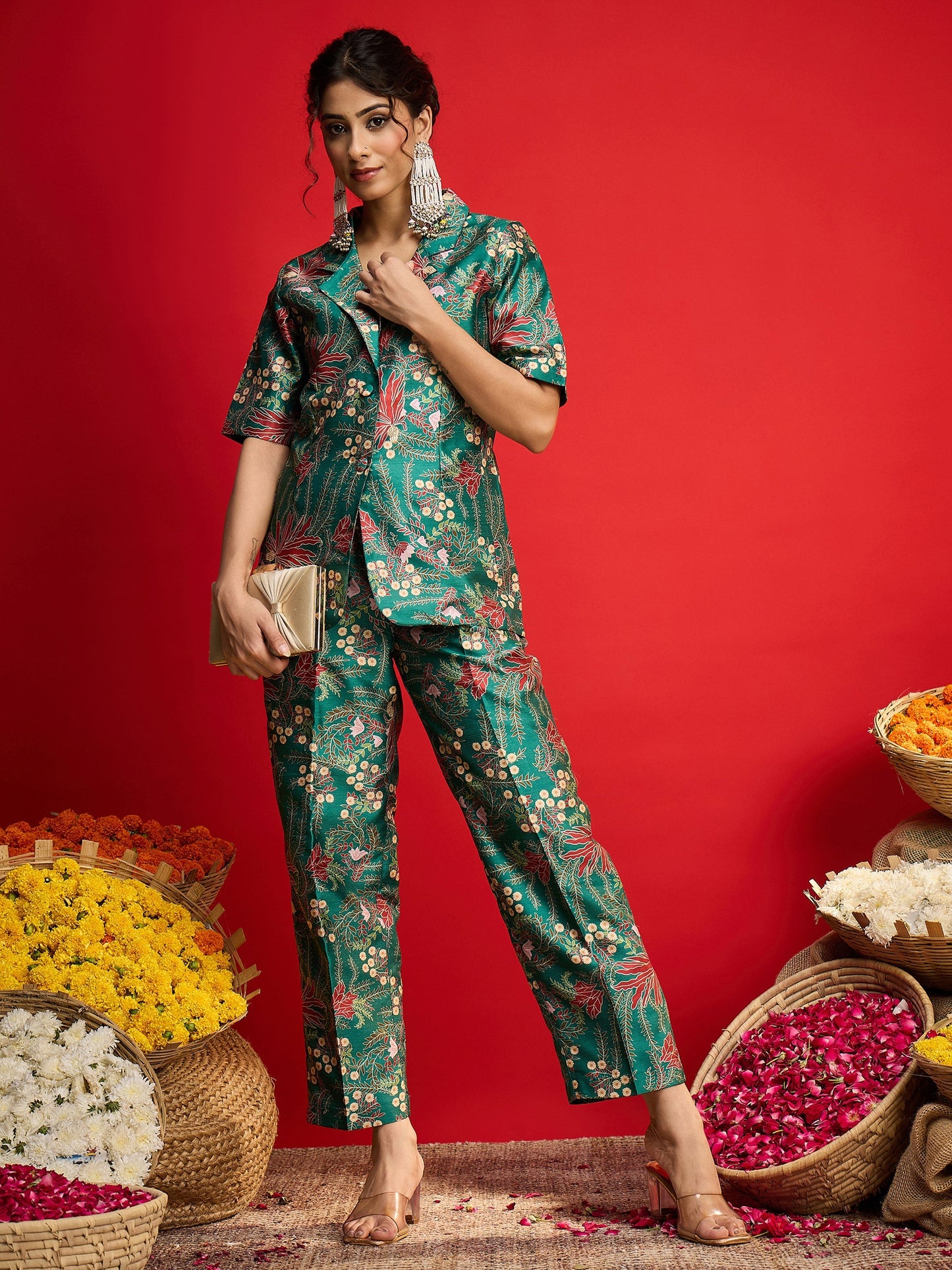 Green Floral Blazer With Tapered Pants