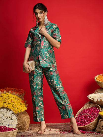Green Floral Blazer With Tapered Pants