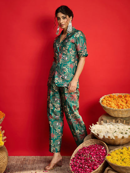Green Floral Blazer With Tapered Pants