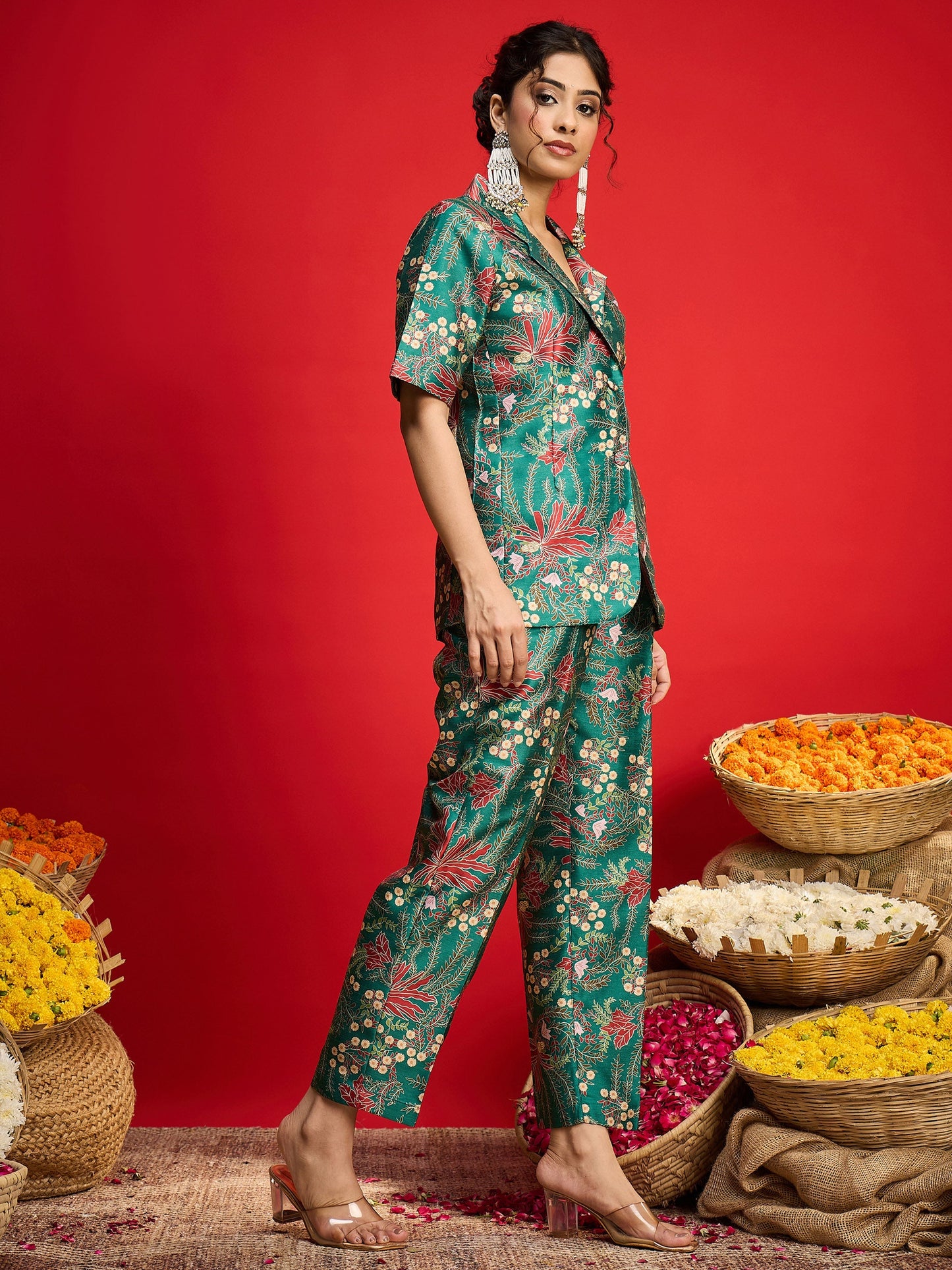 Green Floral Blazer With Tapered Pants