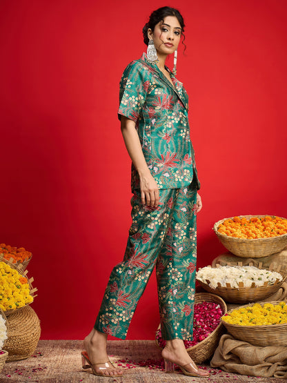 Green Floral Blazer With Tapered Pants