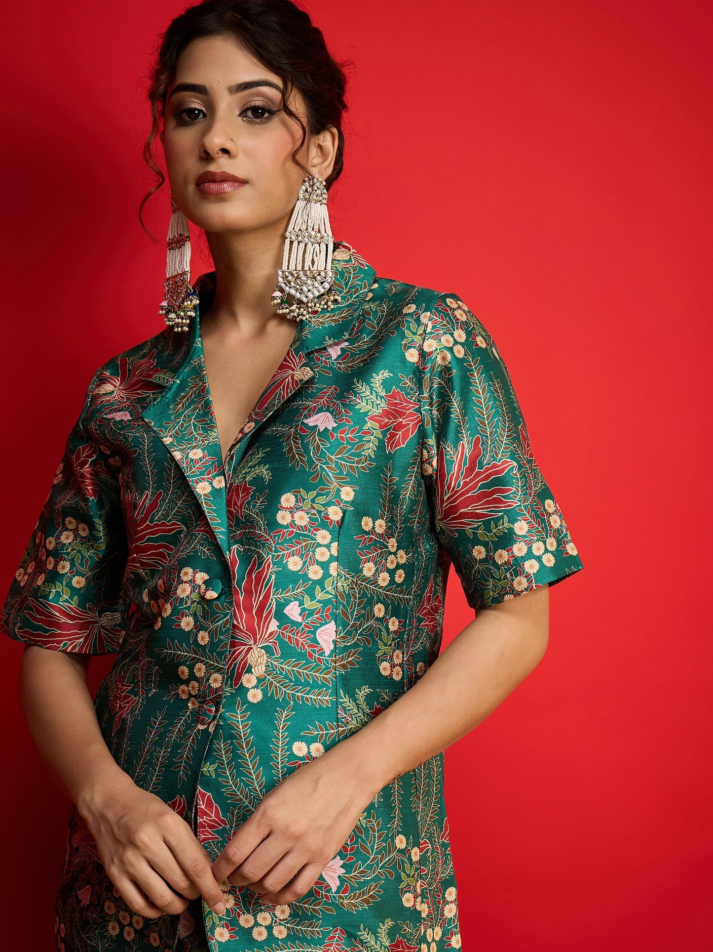 Green Floral Blazer With Tapered Pants