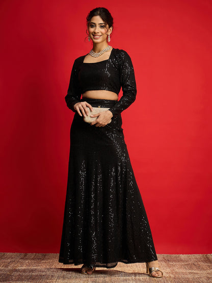 Women Black Sequence Crop Top With Fish Cut Skirt