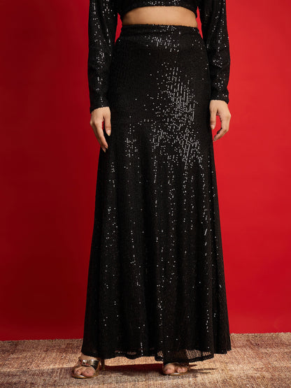 Women Black Sequence Crop Top With Fish Cut Skirt