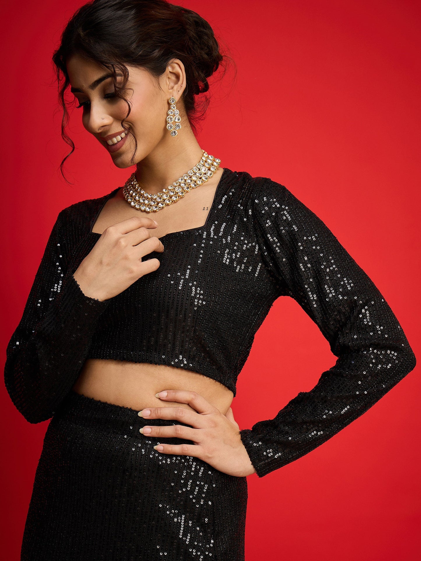 Women Black Sequence Crop Top With Fish Cut Skirt