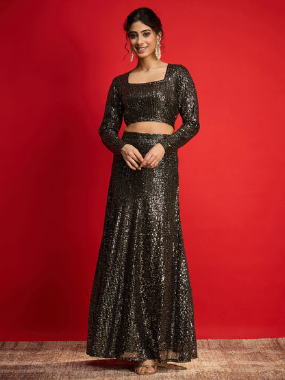 Women Black With Golden Sequence Crop Top With Fish Cut Skirt