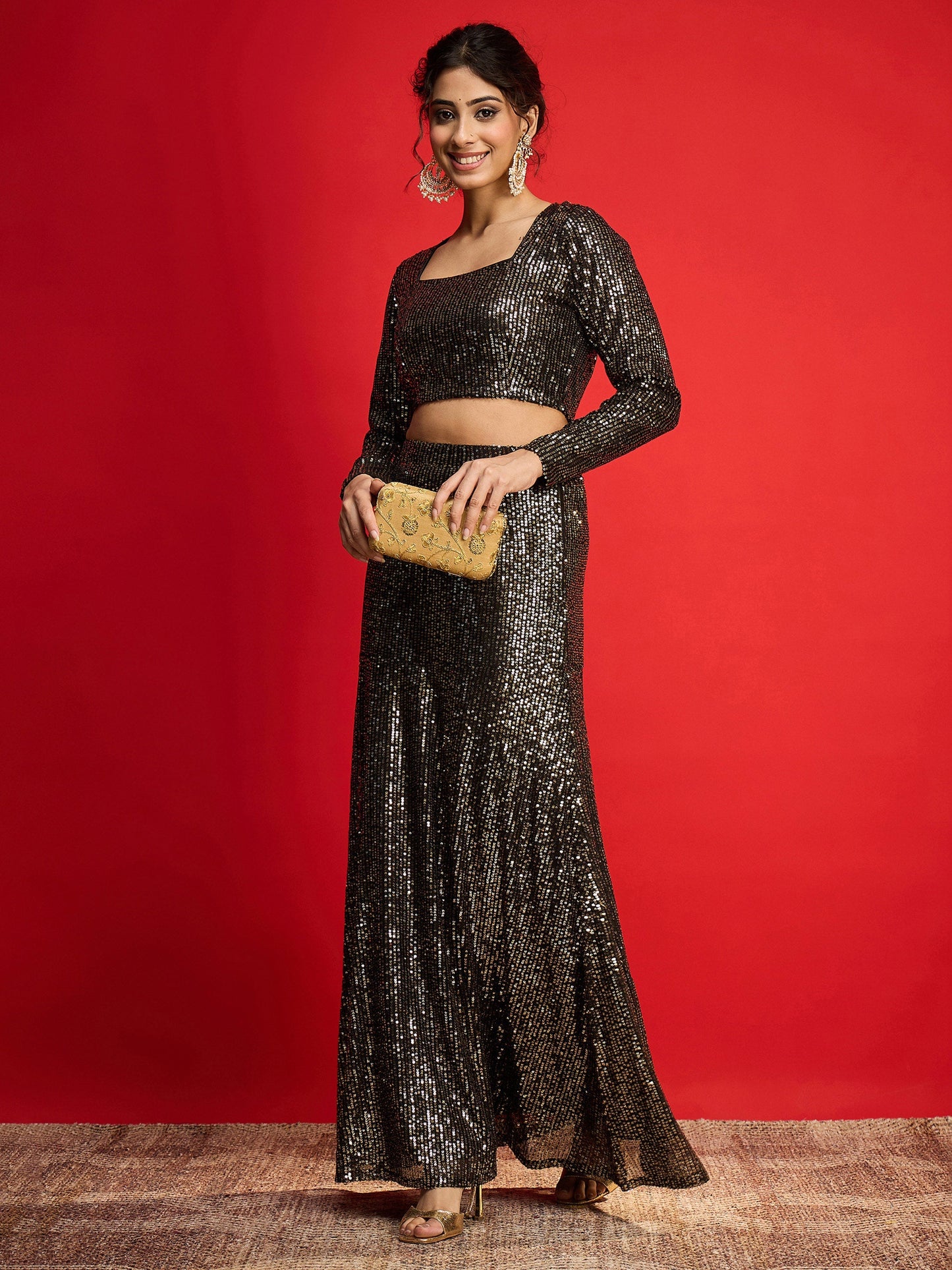 Women Black With Golden Sequence Crop Top With Fish Cut Skirt