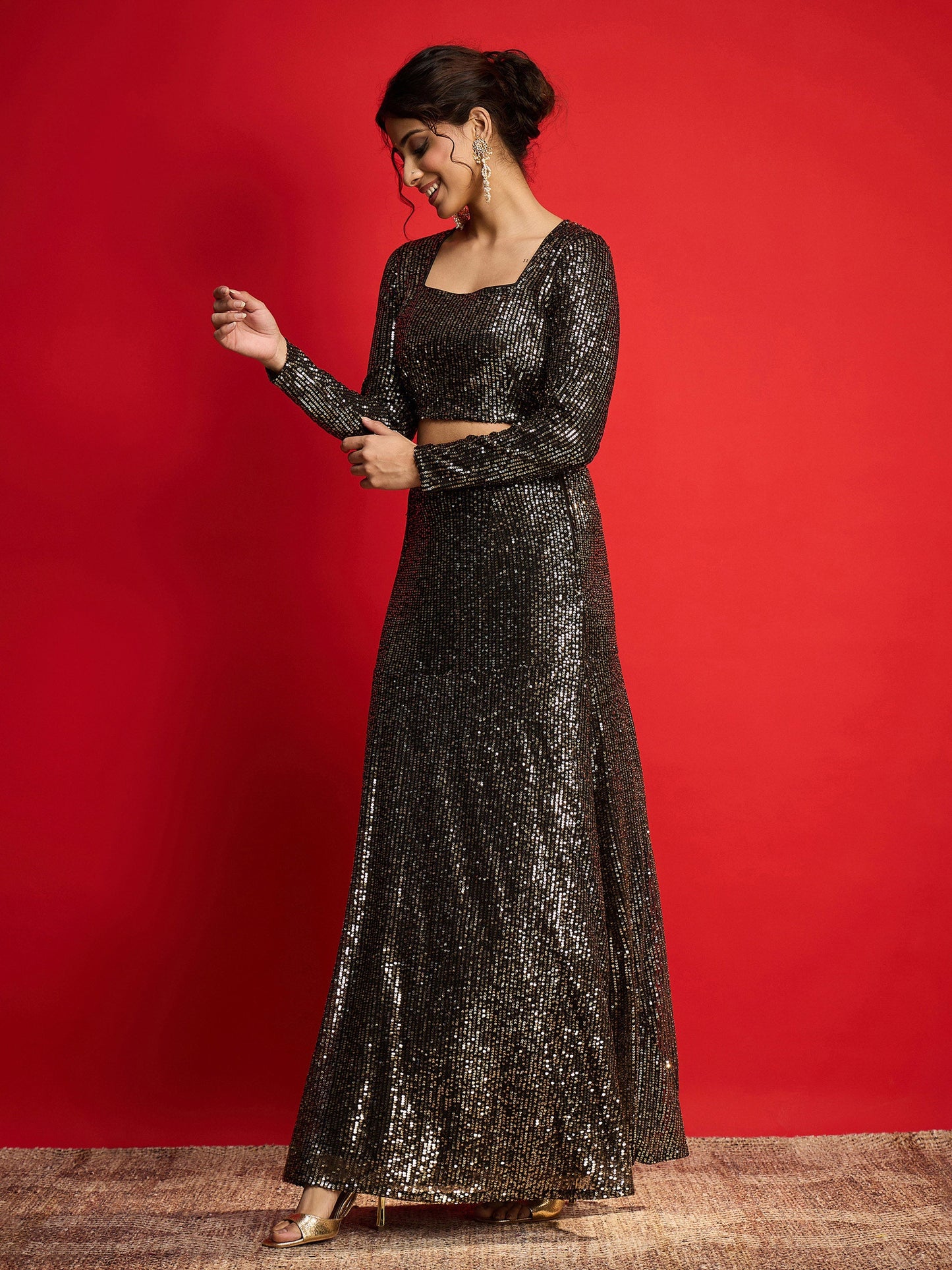 Women Black With Golden Sequence Crop Top With Fish Cut Skirt